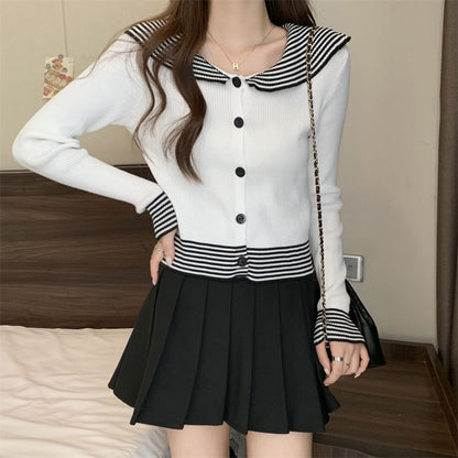 Panel Long-Sleeve Collar Ribbed Button Striped Top Knit