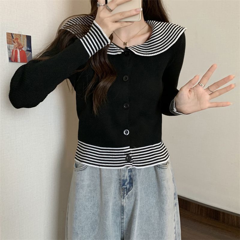 Panel Long-Sleeve Collar Ribbed Button Striped Top Knit