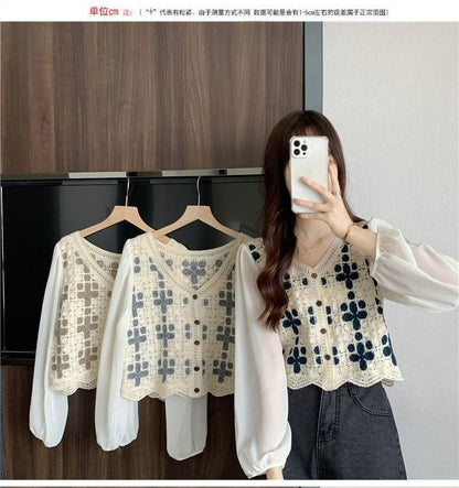 Crochet Knit Long-Sleeve V-Neck Blouse Panel