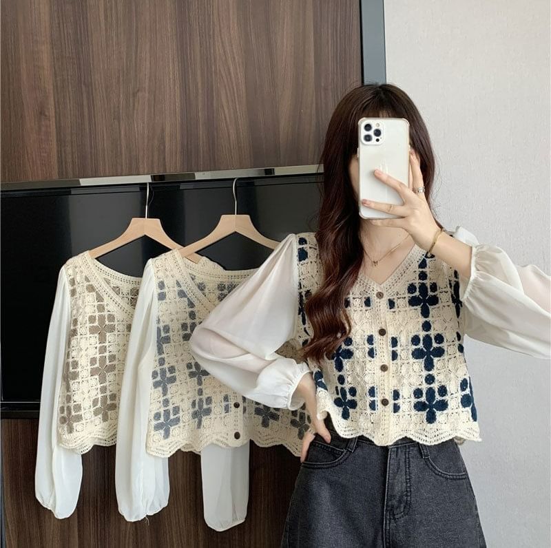 Crochet Knit Long-Sleeve V-Neck Blouse Panel