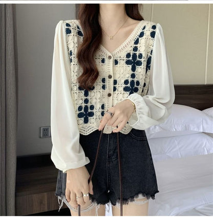 Crochet Knit Long-Sleeve V-Neck Blouse Panel