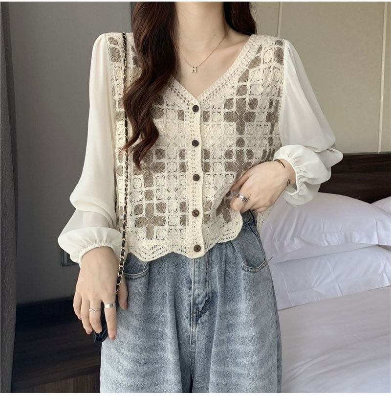 Crochet Knit Long-Sleeve V-Neck Blouse Panel