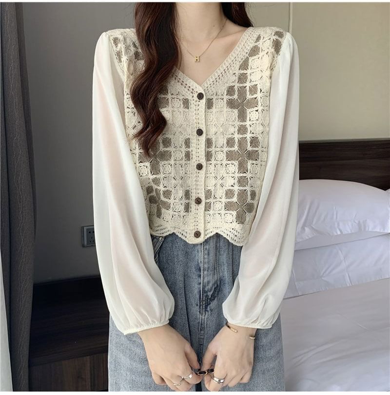 Crochet Knit Long-Sleeve V-Neck Blouse Panel