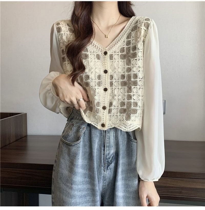 Crochet Knit Long-Sleeve V-Neck Blouse Panel
