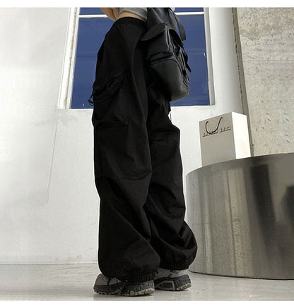 Leg Plain Wide Pants Cargo Waist Drawstring