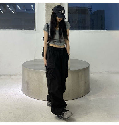 Leg Plain Wide Pants Cargo Waist Drawstring