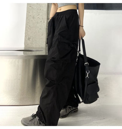 Leg Plain Wide Pants Cargo Waist Drawstring