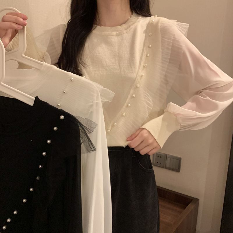 Long-Sleeve Ruffle Top Faux Plain Pearl Trim Knit Neck Crew