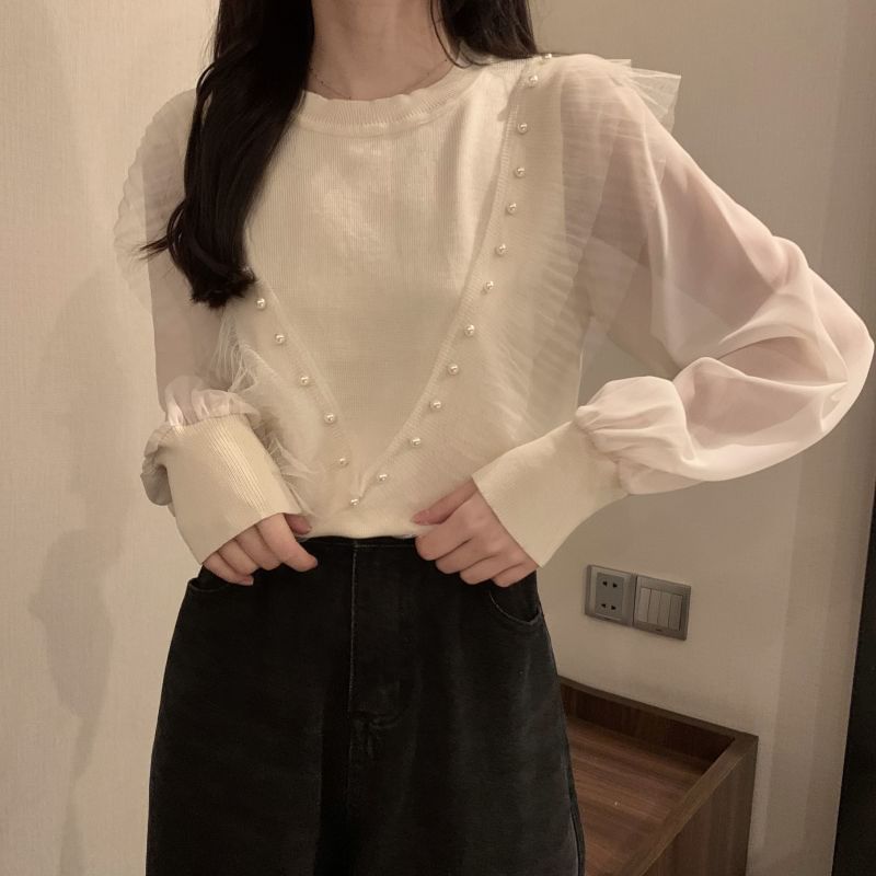 Long-Sleeve Ruffle Top Faux Plain Pearl Trim Knit Neck Crew