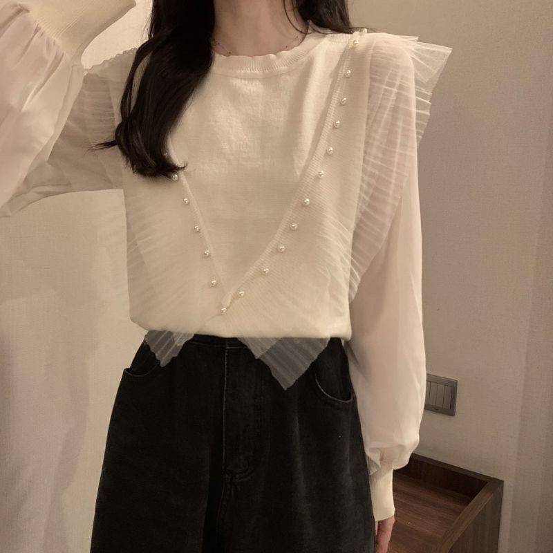 Long-Sleeve Ruffle Top Faux Plain Pearl Trim Knit Neck Crew