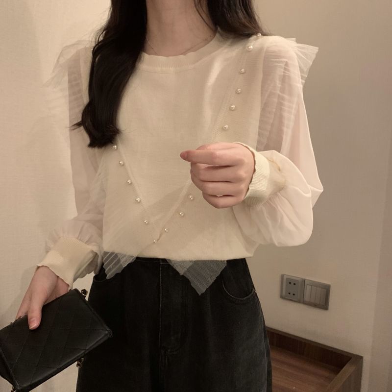 Long-Sleeve Ruffle Top Faux Plain Pearl Trim Knit Neck Crew