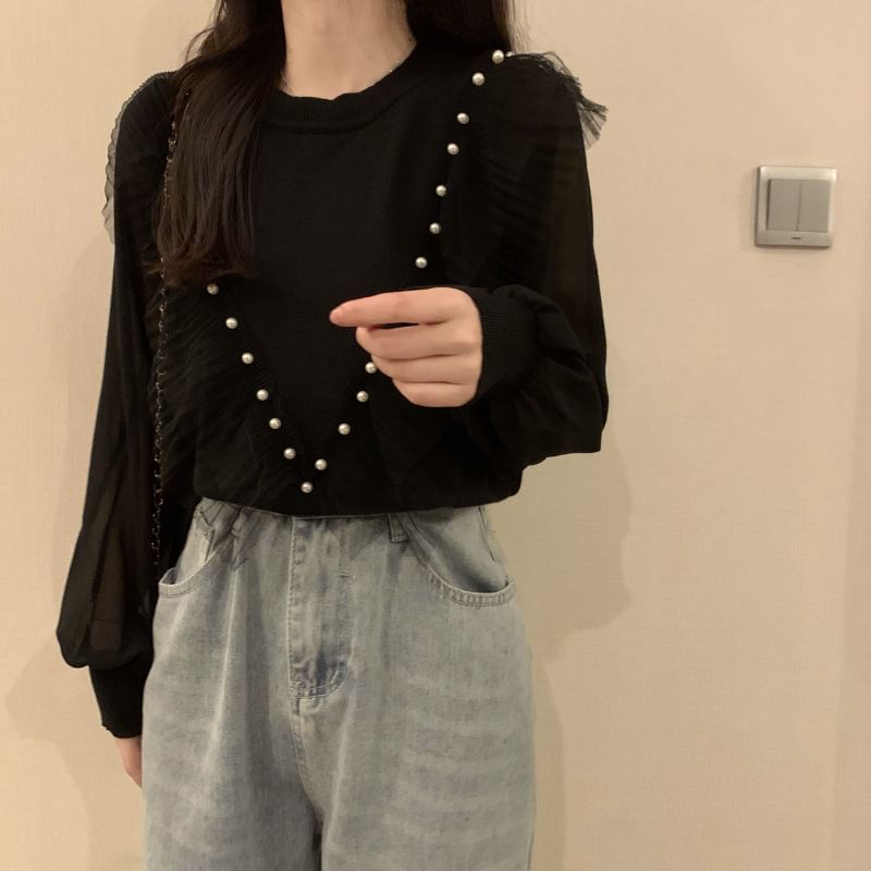 Long-Sleeve Ruffle Top Faux Plain Pearl Trim Knit Neck Crew