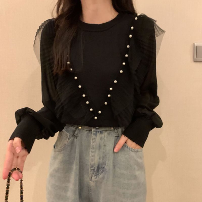 Long-Sleeve Ruffle Top Faux Plain Pearl Trim Knit Neck Crew