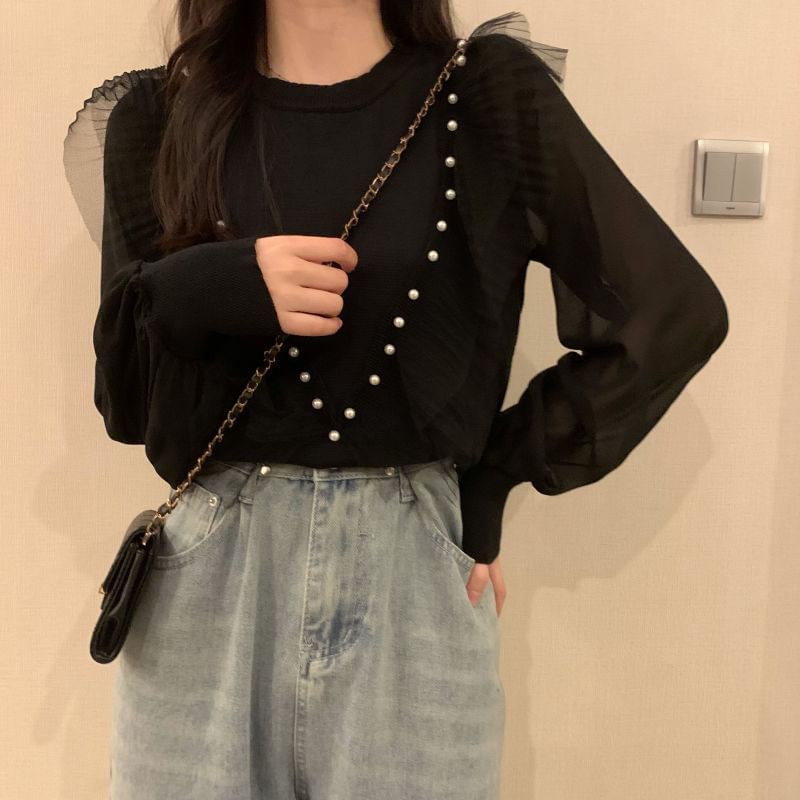 Long-Sleeve Ruffle Top Faux Plain Pearl Trim Knit Neck Crew