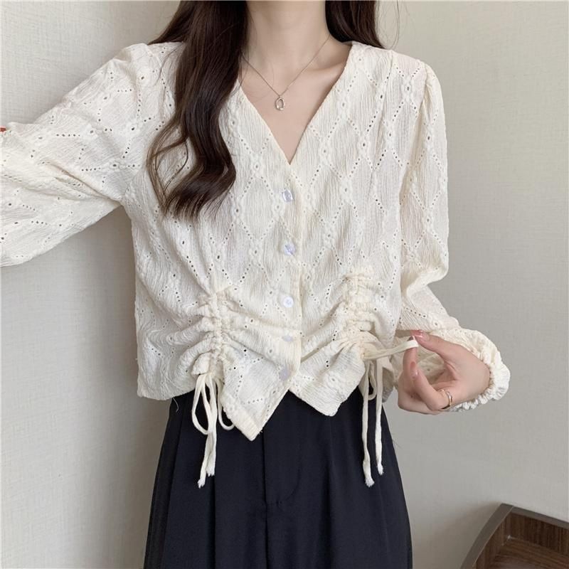 Plain Long-Sleeve Drawstring Eyelet Blouse V-Neck