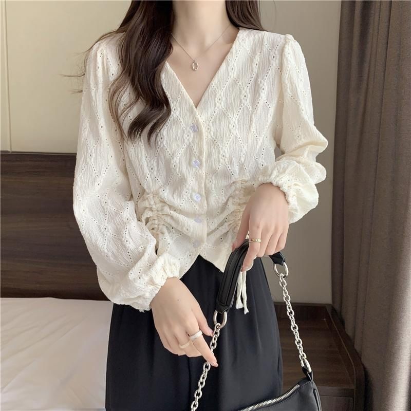 Plain Long-Sleeve Drawstring Eyelet Blouse V-Neck