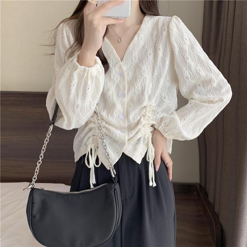 Plain Long-Sleeve Drawstring Eyelet Blouse V-Neck