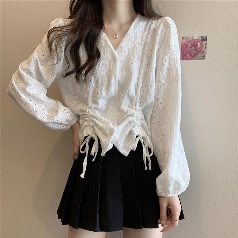 Plain Long-Sleeve Drawstring Eyelet Blouse V-Neck