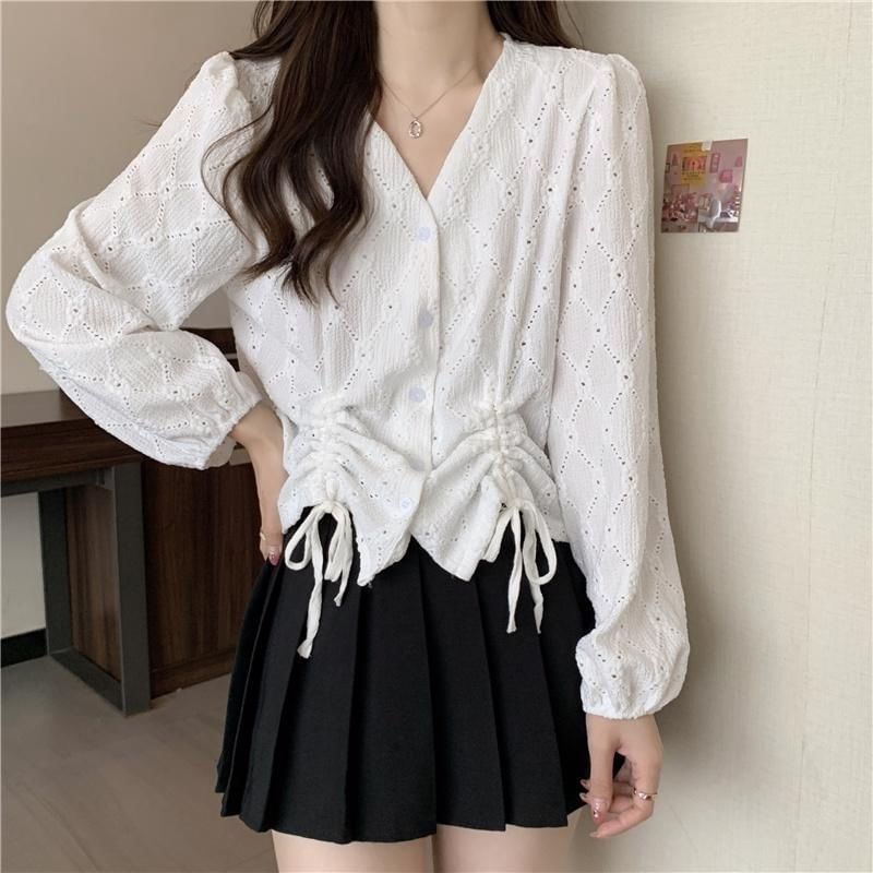 Plain Long-Sleeve Drawstring Eyelet Blouse V-Neck