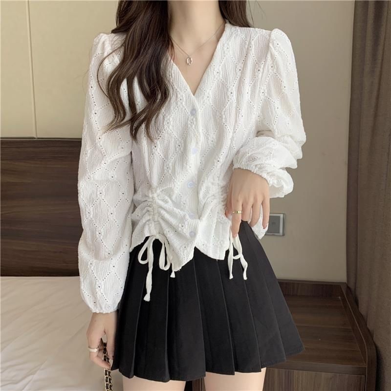 Plain Long-Sleeve Drawstring Eyelet Blouse V-Neck