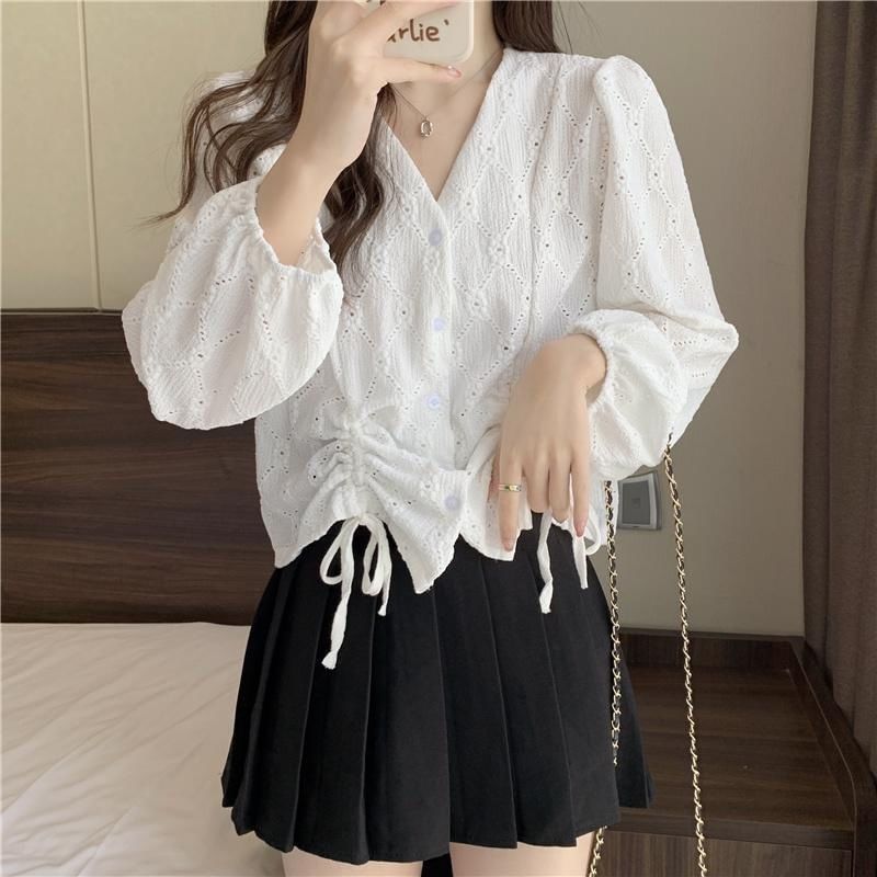 Plain Long-Sleeve Drawstring Eyelet Blouse V-Neck