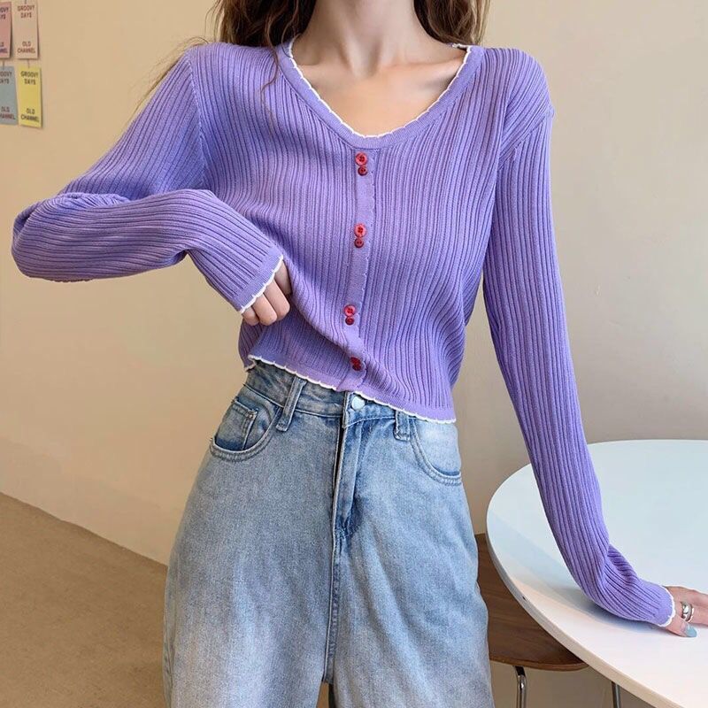 Trim Contrast V-Neck Long-Sleeve Top Knit Button Ribbed Crop