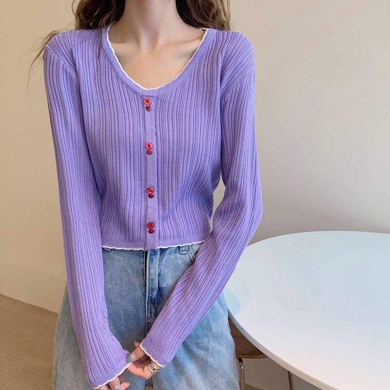 Trim Contrast V-Neck Long-Sleeve Top Knit Button Ribbed Crop