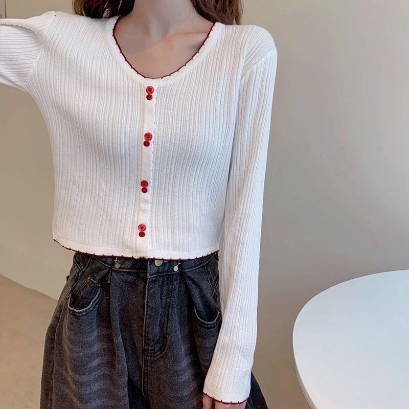 Trim Contrast V-Neck Long-Sleeve Top Knit Button Ribbed Crop