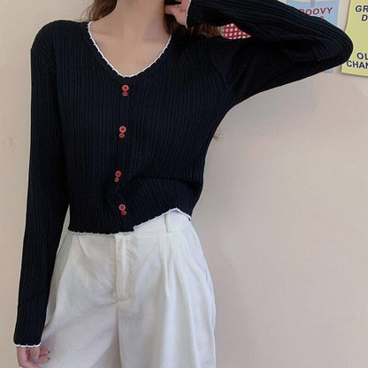 Trim Contrast V-Neck Long-Sleeve Top Knit Button Ribbed Crop