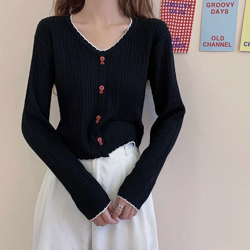 Trim Contrast V-Neck Long-Sleeve Top Knit Button Ribbed Crop