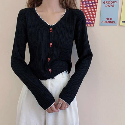 Trim Contrast V-Neck Long-Sleeve Top Knit Button Ribbed Crop