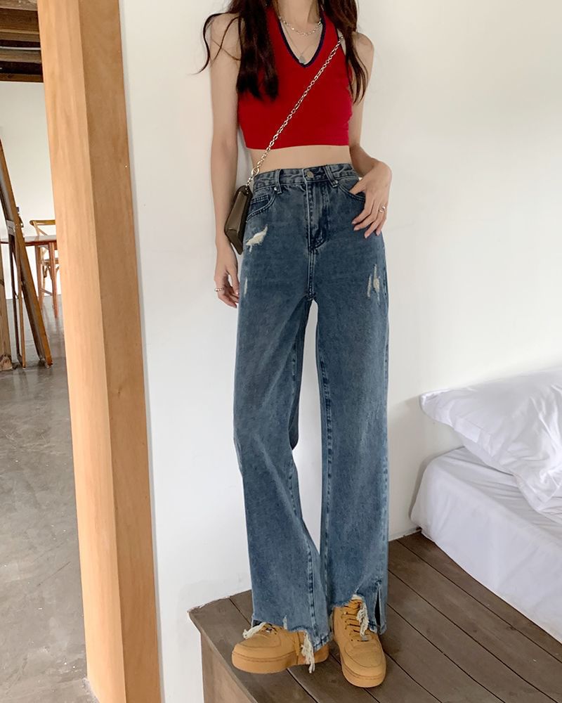High Jeans Fit Loose Distressed Waist