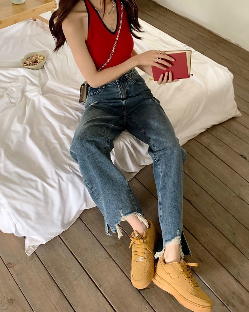 High Jeans Fit Loose Distressed Waist