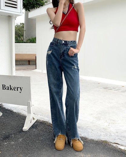 High Jeans Fit Loose Distressed Waist