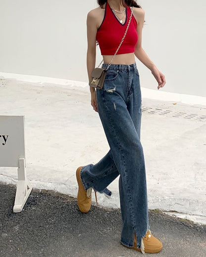 High Jeans Fit Loose Distressed Waist