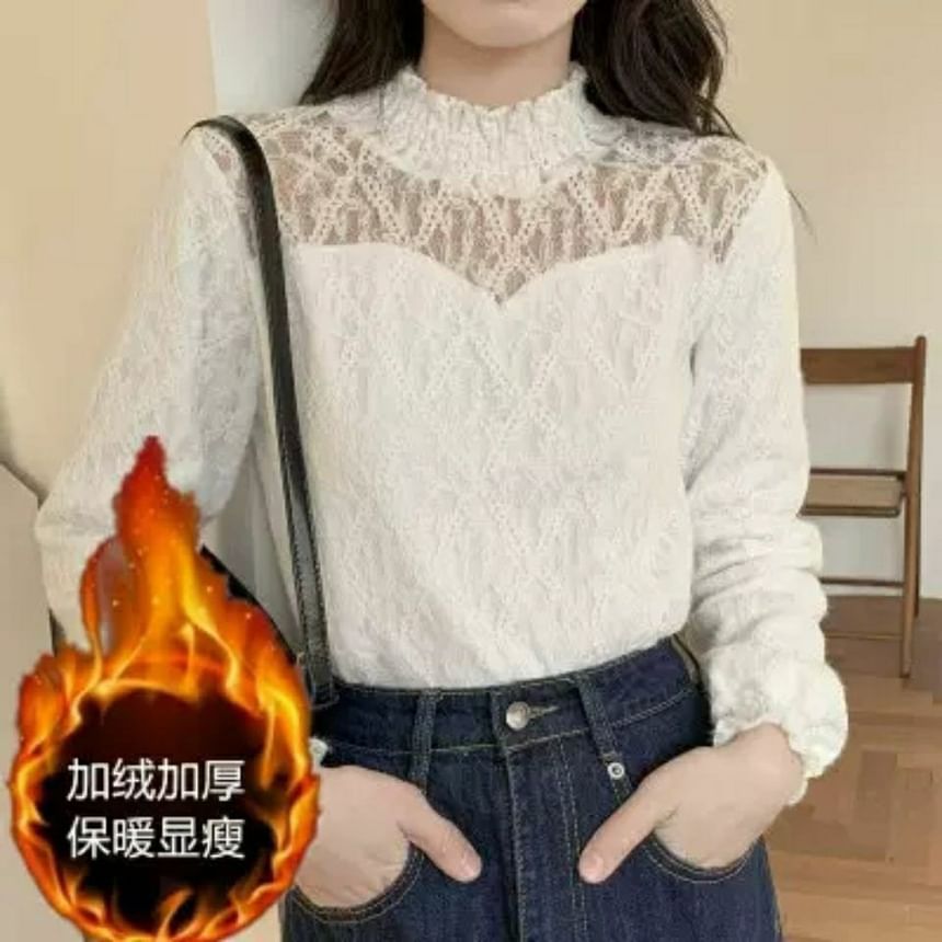 Long-Sleeve Lace Plain Mock Neck Top