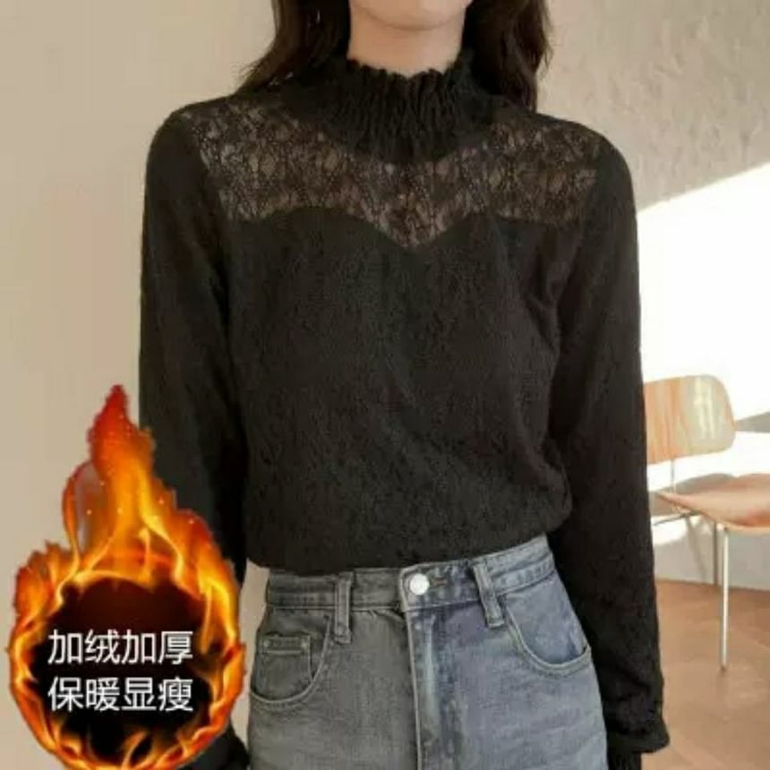 Long-Sleeve Lace Plain Mock Neck Top