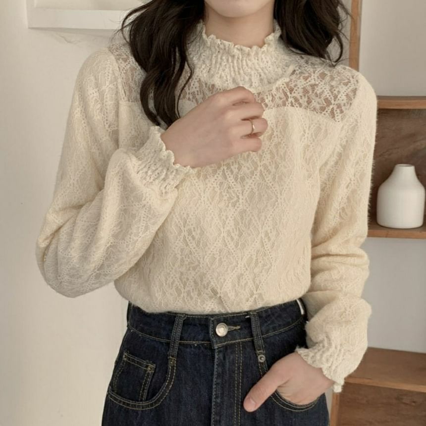 Long-Sleeve Lace Plain Mock Neck Top