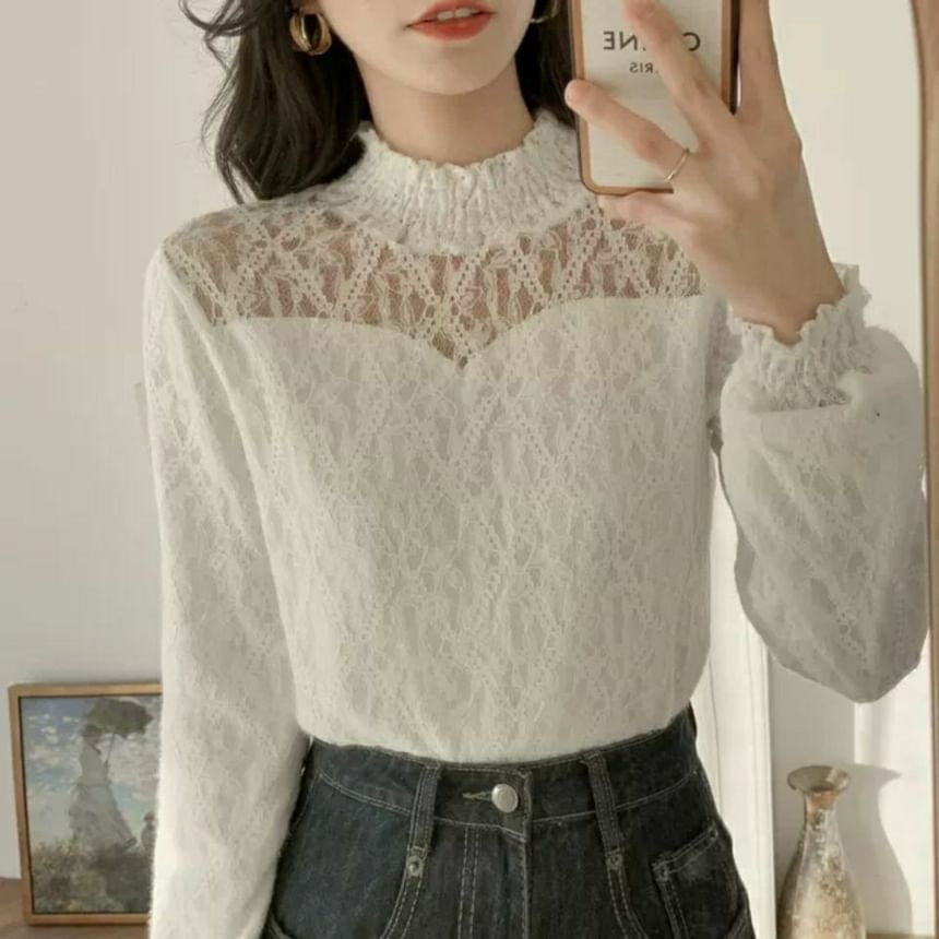 Long-Sleeve Lace Plain Mock Neck Top