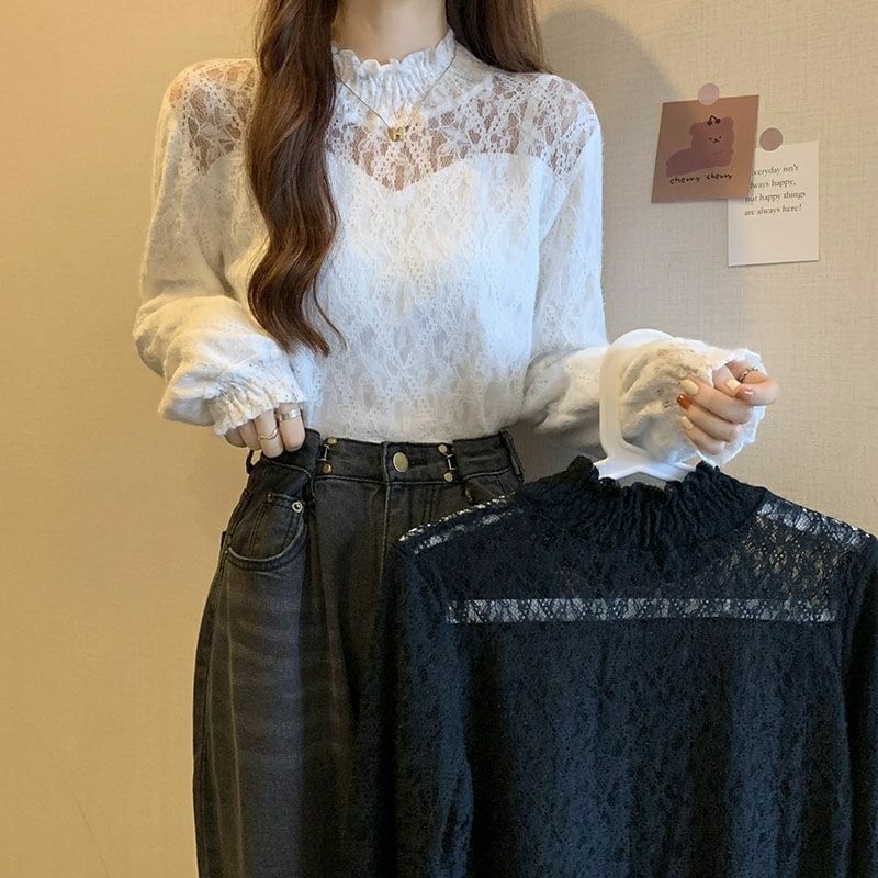 Long-Sleeve Lace Plain Mock Neck Top