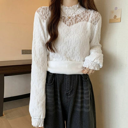 Long-Sleeve Lace Plain Mock Neck Top