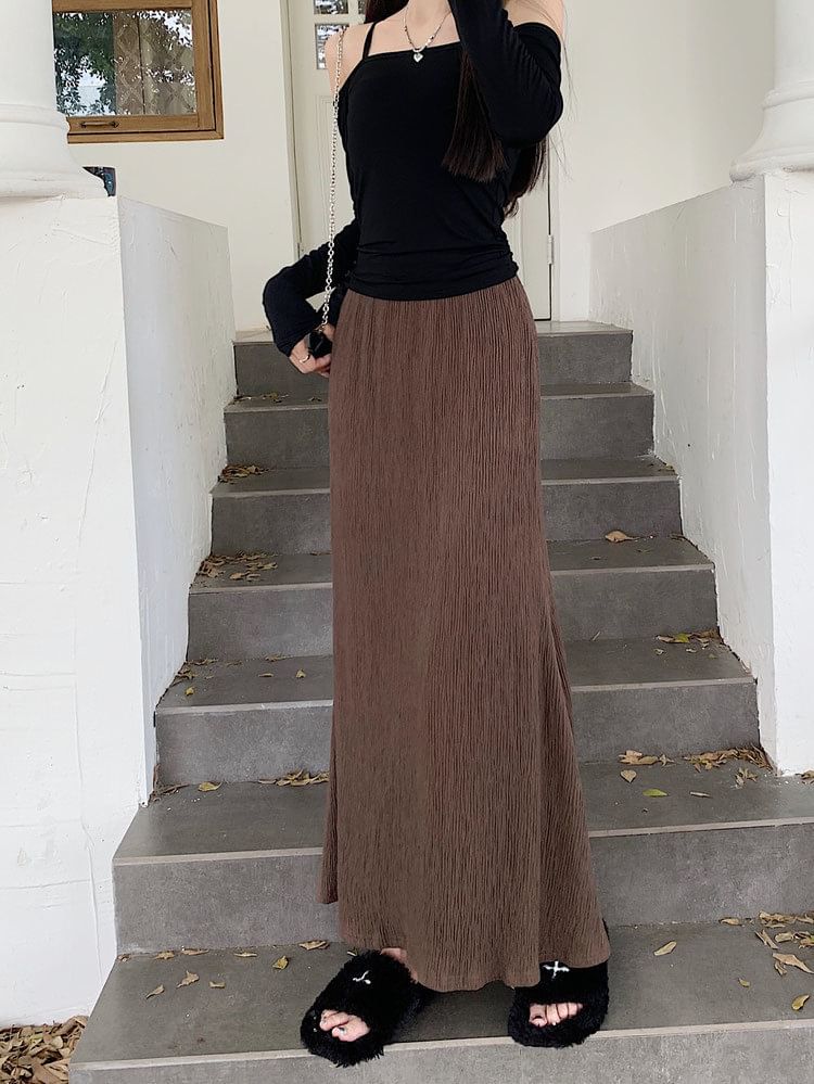 A-Line Waist Plain Midi Elastic Skirt