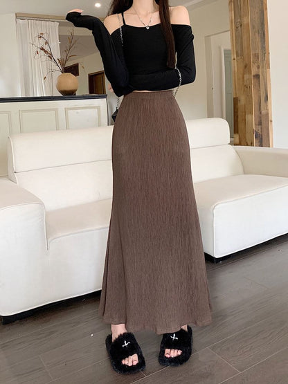A-Line Waist Plain Midi Elastic Skirt