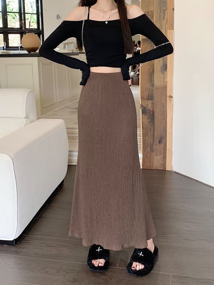 A-Line Waist Plain Midi Elastic Skirt