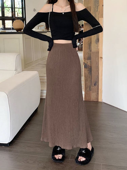 A-Line Waist Plain Midi Elastic Skirt