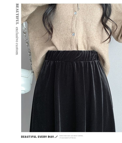 Waist Plain A-Line Velvet Midi Elastic Skirt