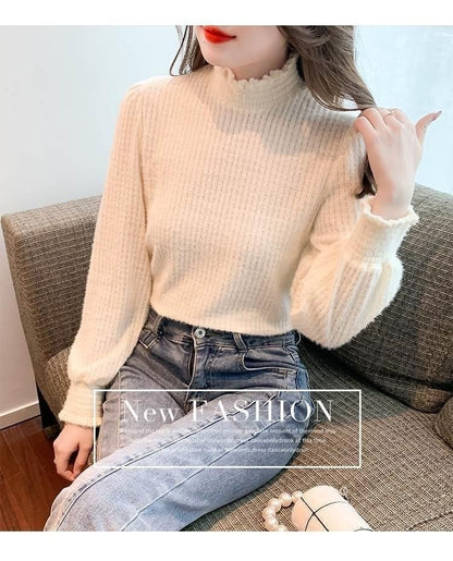Long-Sleeve Mock Top Plain Lace Neck