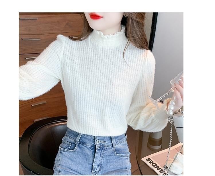 Long-Sleeve Mock Top Plain Lace Neck