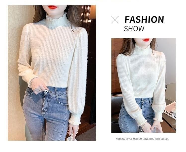 Long-Sleeve Mock Top Plain Lace Neck
