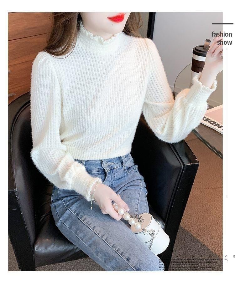 Long-Sleeve Mock Top Plain Lace Neck
